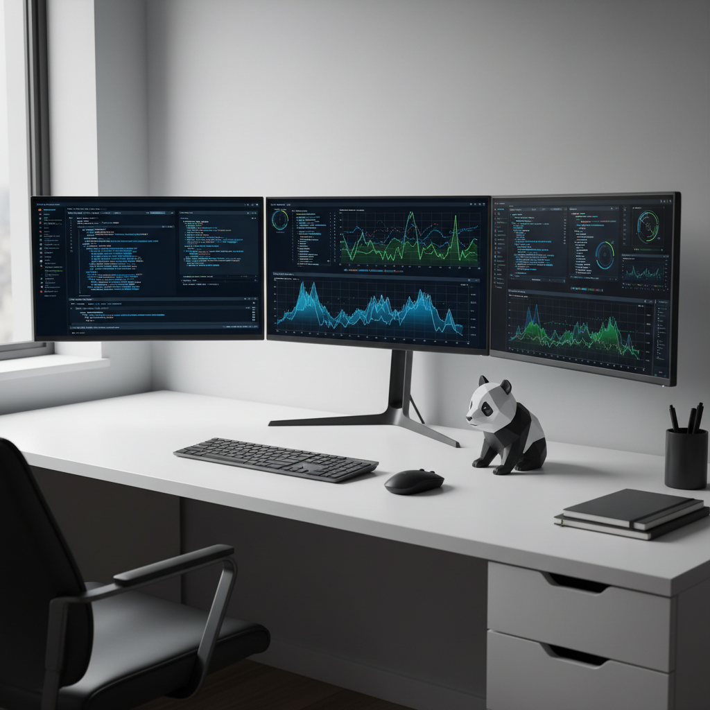 A clean, ultra-modern workstation featuring three slim-bezel monitors filled with AI code, data visualizations, and model training graphs in vivid blues and greens against dark themes. A small, matte-black panda figurine with geometric facets sits neatly beside a wireless mouse on a smooth white desk. Soft daylight from an unseen window to the left provides even, diffused illumination, balanced by a subtle cool glow from the screens, casting gentle shadows. Photographic realism, shot from a slightly elevated angle with sharp focus throughout, creating a professional, organized atmosphere ideal for AI technical notes.